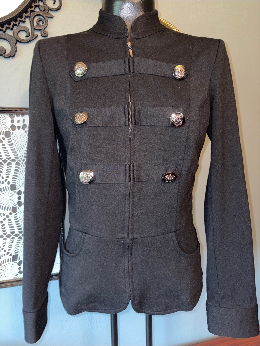 NY Collection Black Military-Inspired Double-Breasted Jacket